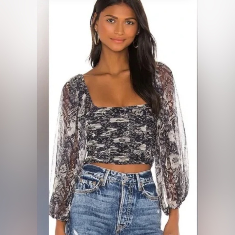 Free People Lilia Black and White Sheer Sleeve Crop Top‎